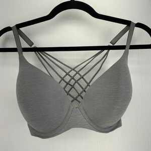 Aerie Sunnie Strappy Push Up Bra 32DDD Grey Heather Underwire Lattice Front